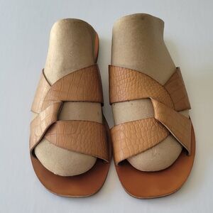 Tahari Tan Croc-Embossed Slide Sandals